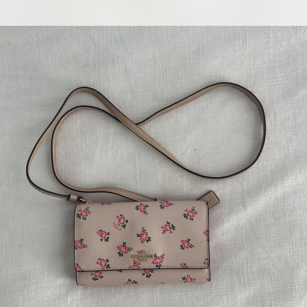 Coach Beige Pink Floral Crossbody Wallet